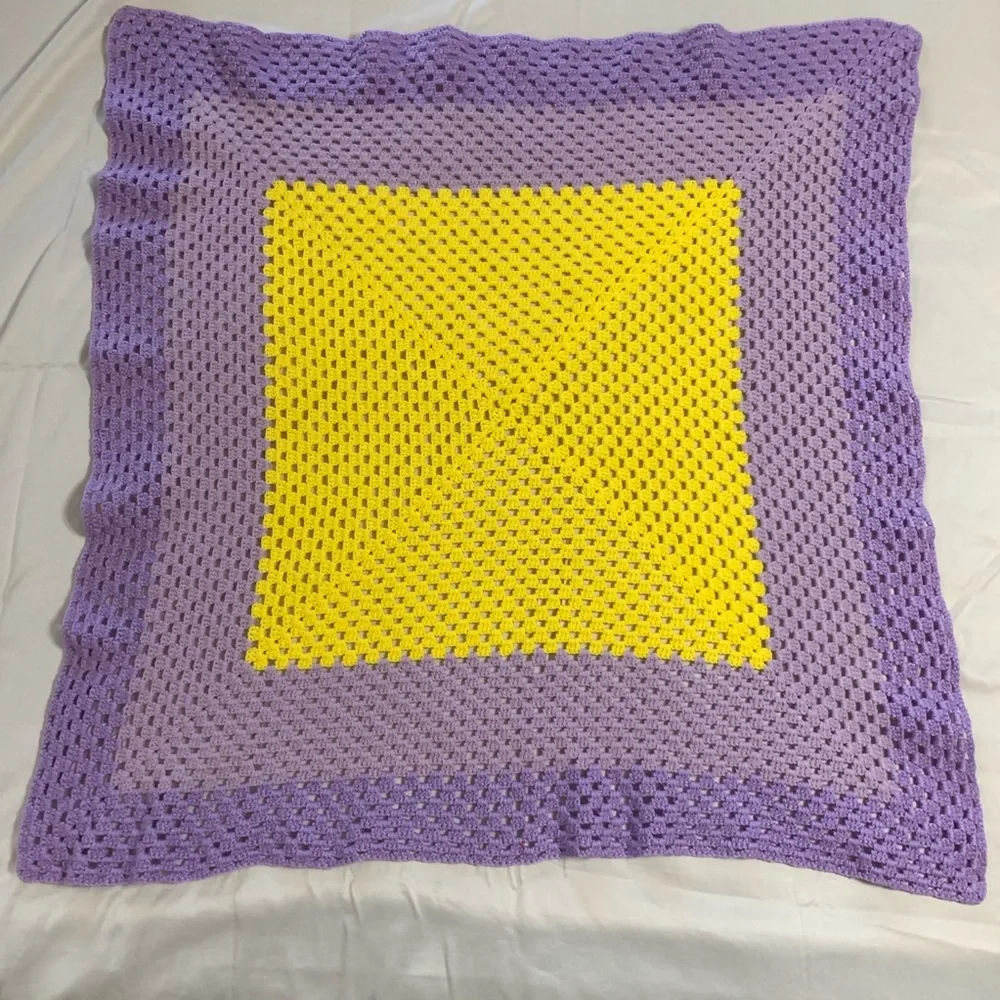 Vintage purple & yellow crocheted blanket throw
